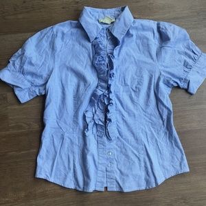 Pinstripe career blouse with ruffle detail